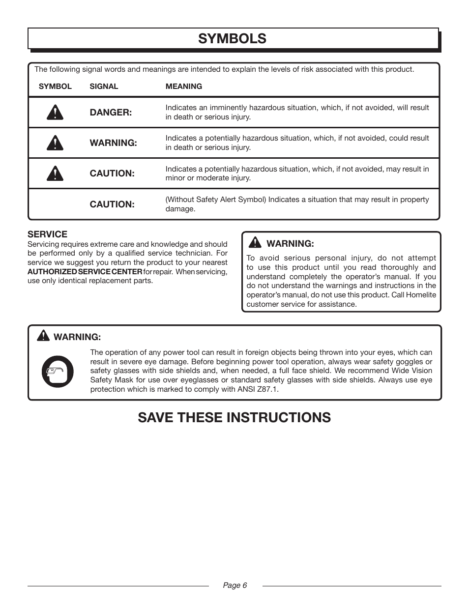 Save these instructions, Symbols | Homelite MIGHTYLITE UT08981 User Manual | Page 6 / 20