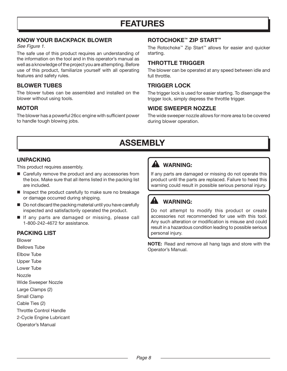 Features, Assembly | Homelite MIGHTYLITE UT08981 User Manual | Page 8 / 20