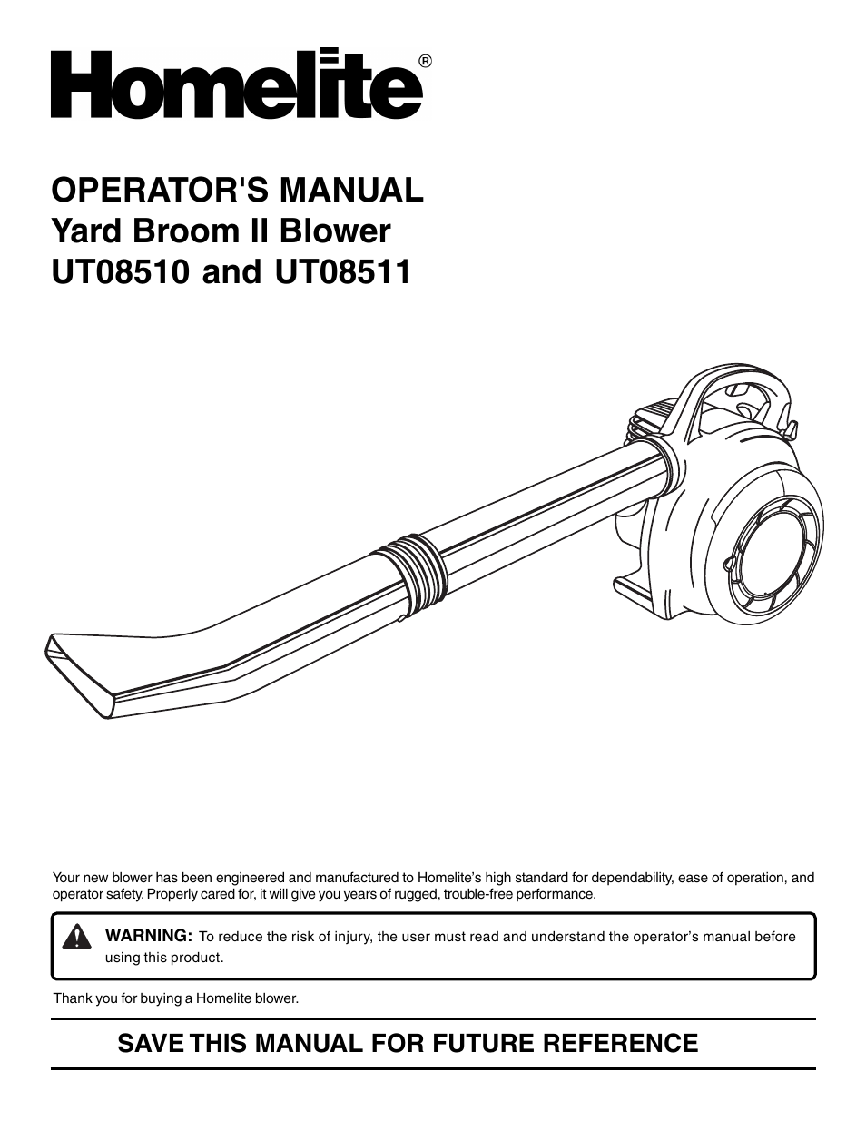 Homelite YARD BROOM II BLOWER UT08511 User Manual | 16 pages
