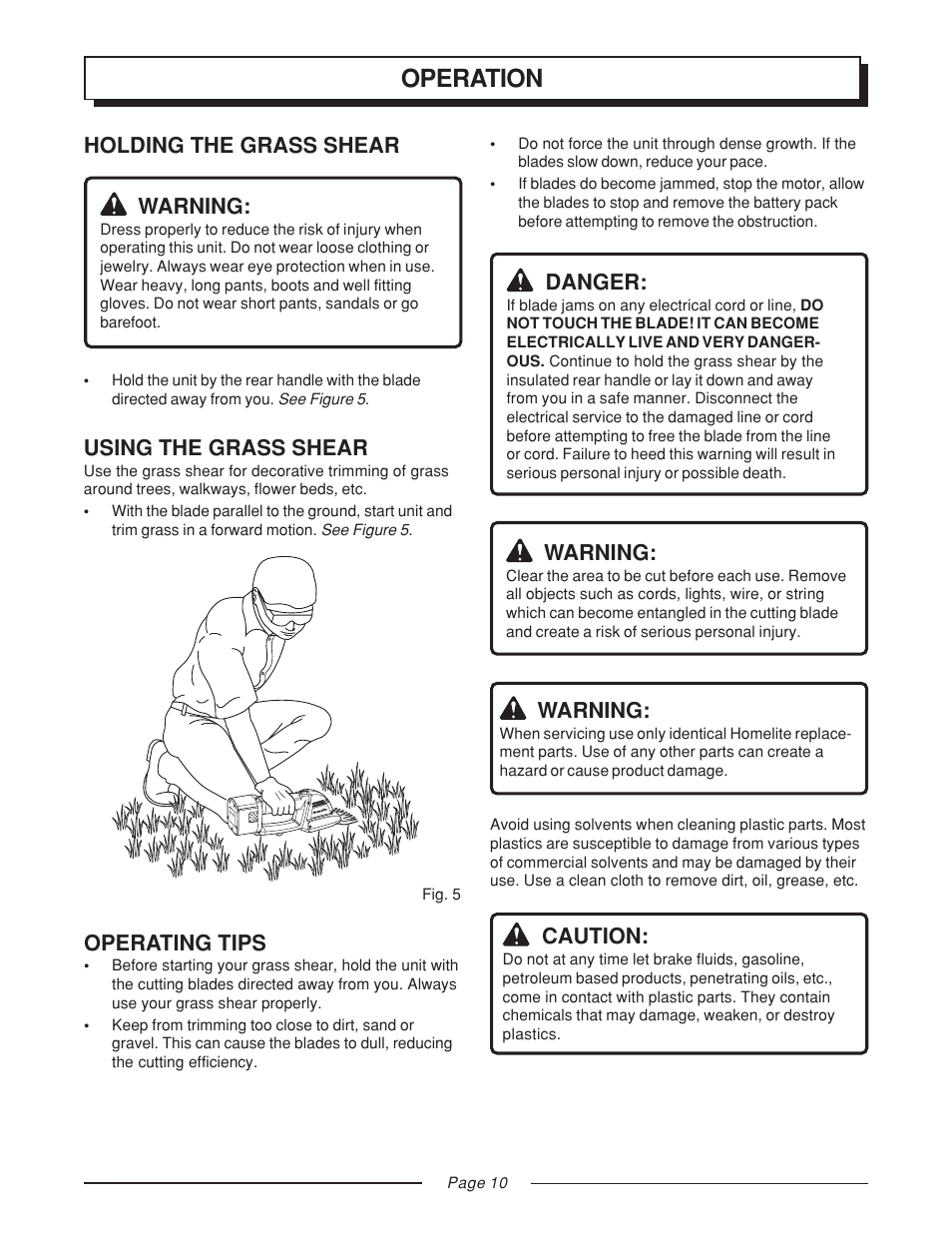 Operation, Operating tips, Holding the grass shear warning | Using the grass shear, Warning, Danger, Caution | Homelite GS120V User Manual | Page 10 / 16