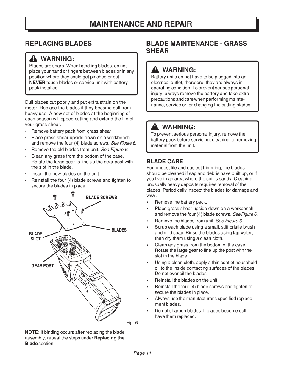 Maintenance and repair, Replacing blades warning, Blade maintenance - grass shear warning | Warning | Homelite GS120V User Manual | Page 11 / 16