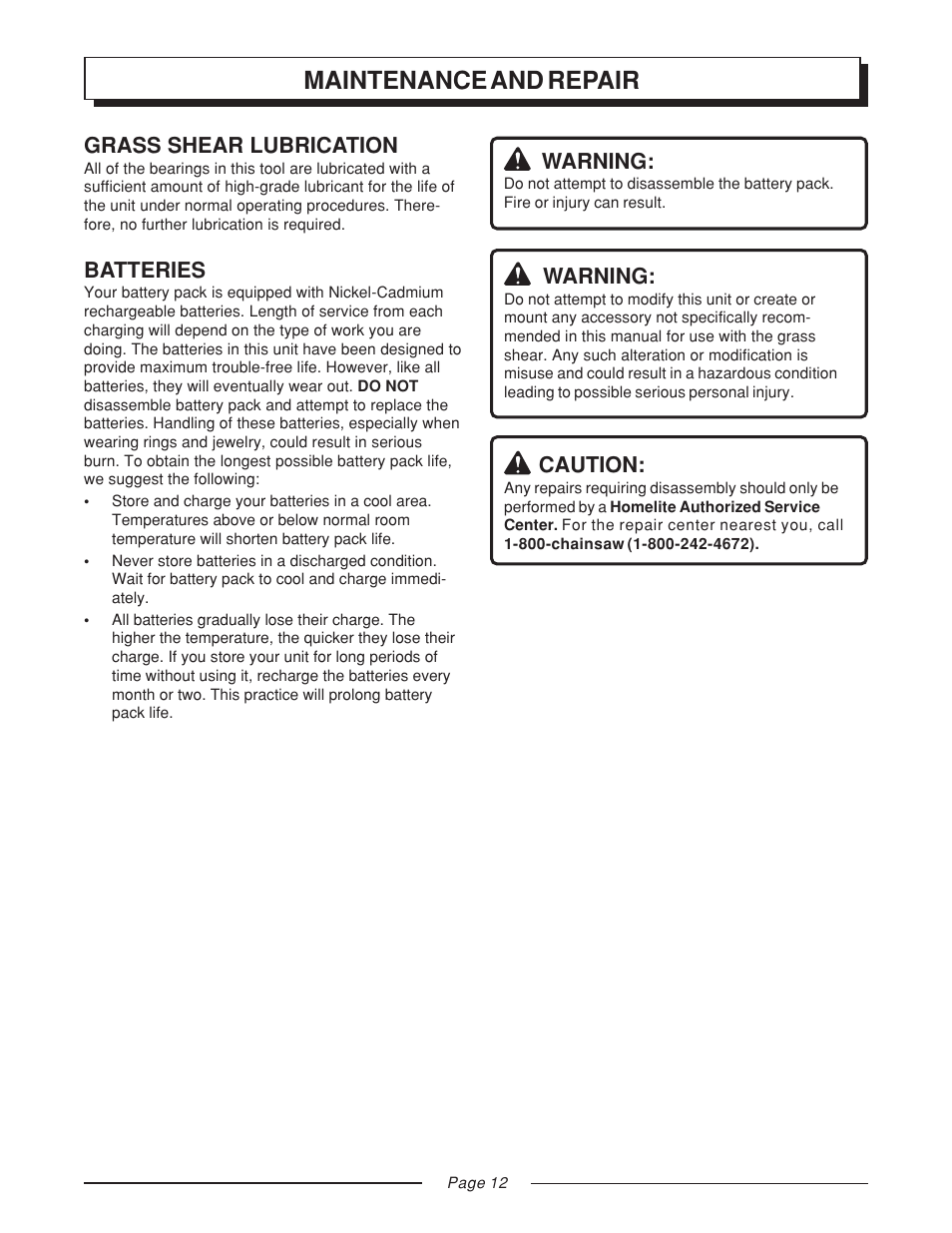 Maintenance and repair, Warning, Caution | Grass shear lubrication, Batteries | Homelite GS120V User Manual | Page 12 / 16