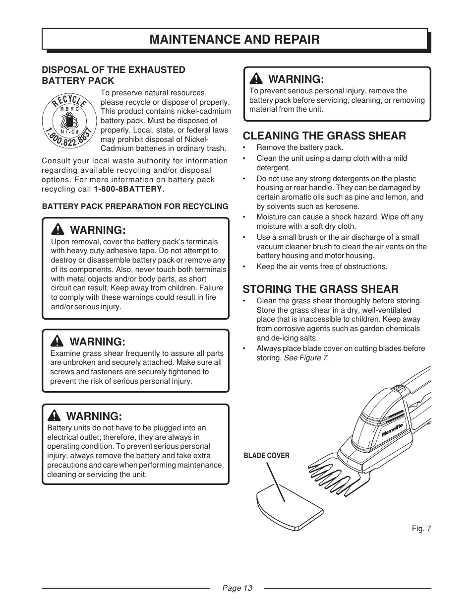 Maintenance and repair, Cleaning the grass shear, Storing the grass shear | Warning | Homelite GS120V User Manual | Page 13 / 16