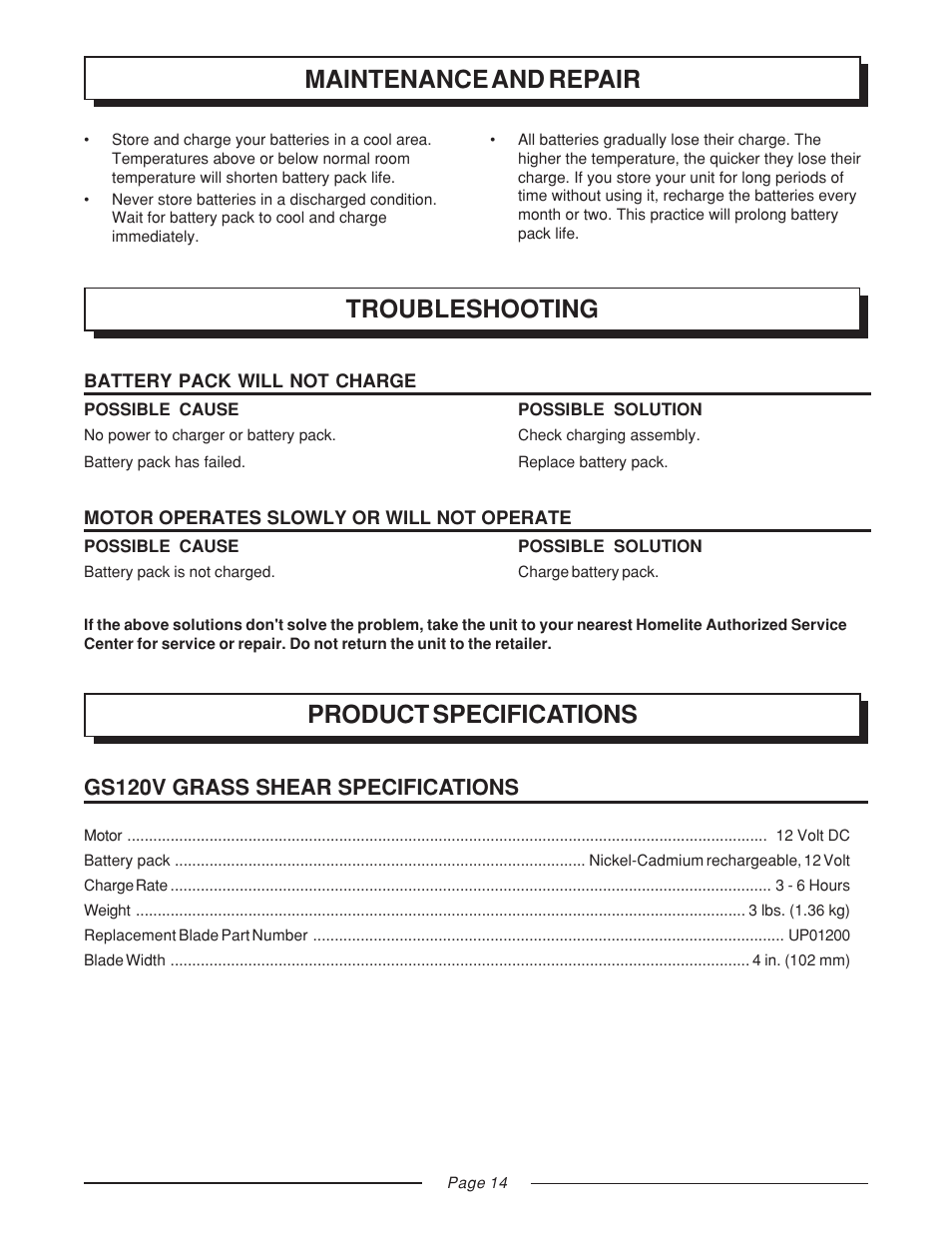 Maintenance and repair, Troubleshooting, Product specifications | Gs120v grass shear specifications | Homelite GS120V User Manual | Page 14 / 16