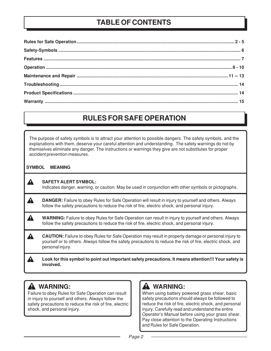 Table of contents rules for safe operation, Warning | Homelite GS120V User Manual | Page 2 / 16