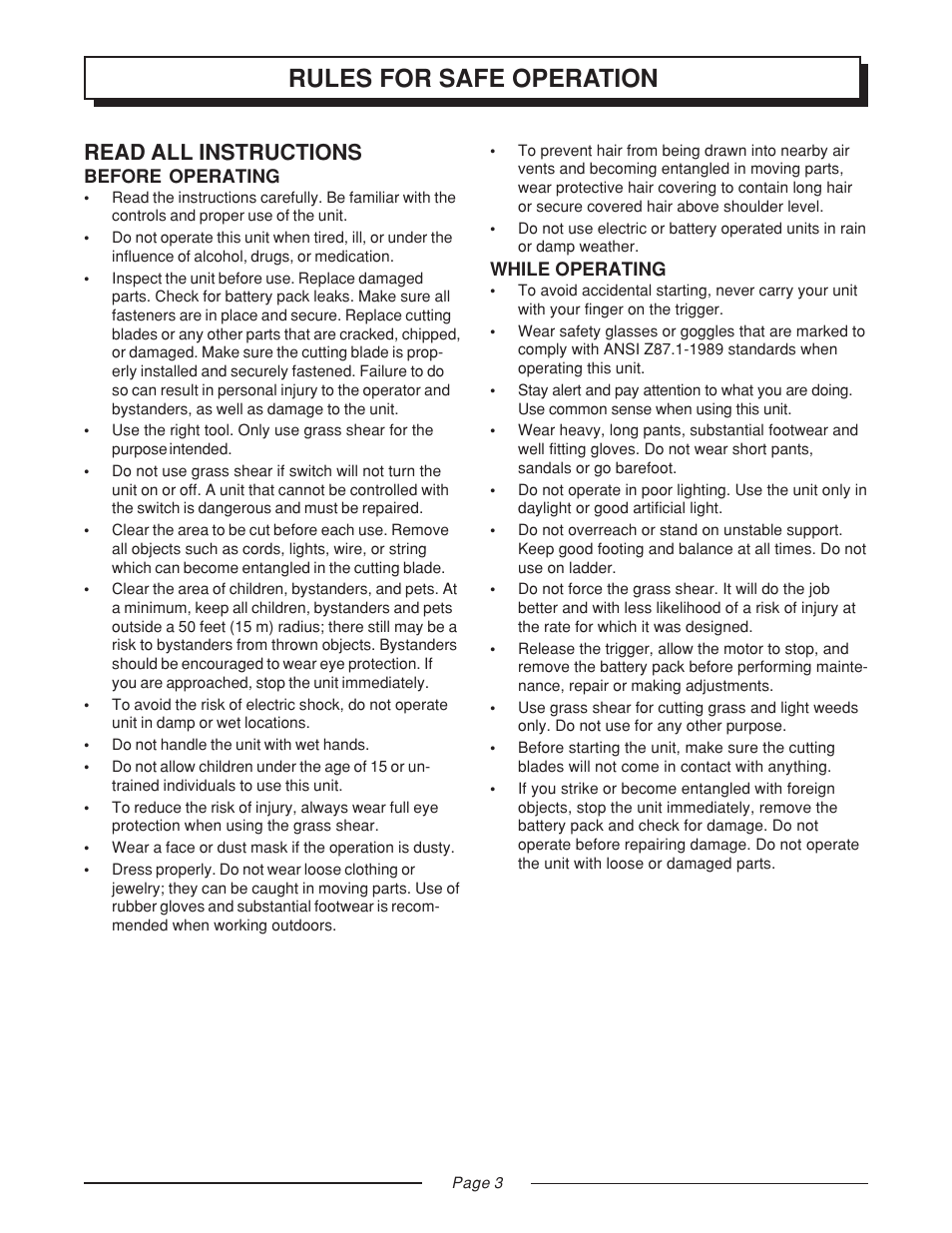 Rules for safe operation, Read all instructions | Homelite GS120V User Manual | Page 3 / 16