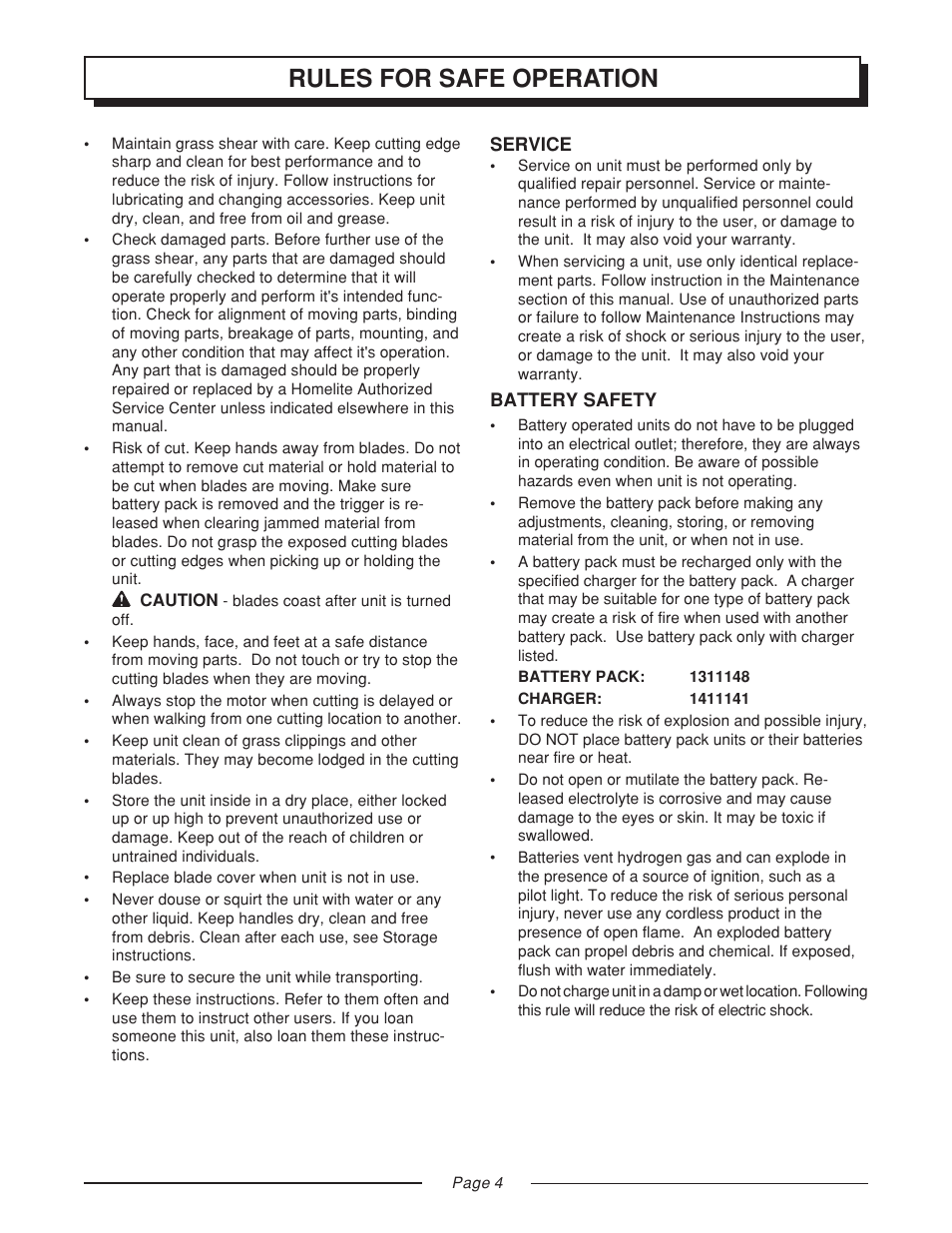 Rules for safe operation | Homelite GS120V User Manual | Page 4 / 16