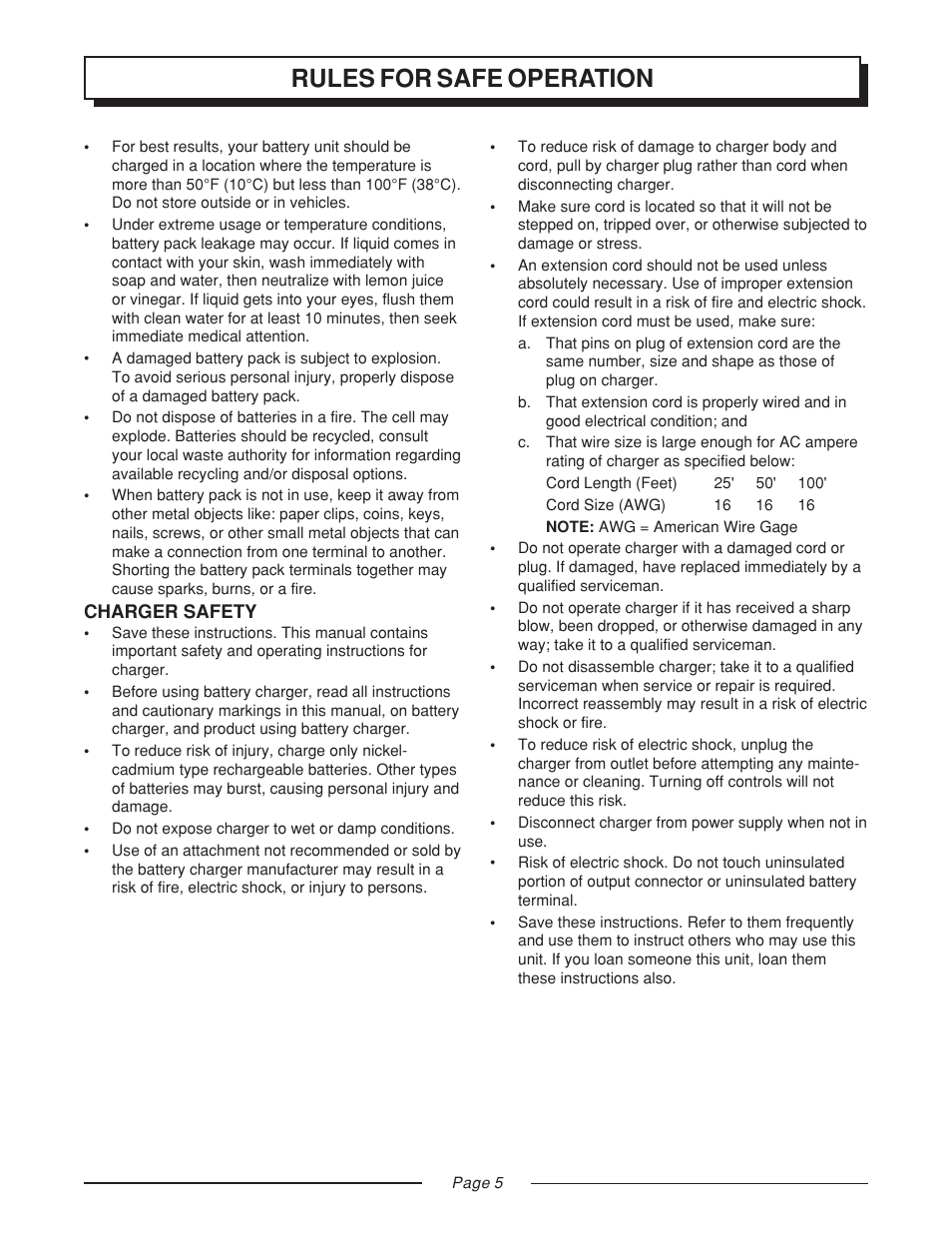 Rules for safe operation | Homelite GS120V User Manual | Page 5 / 16