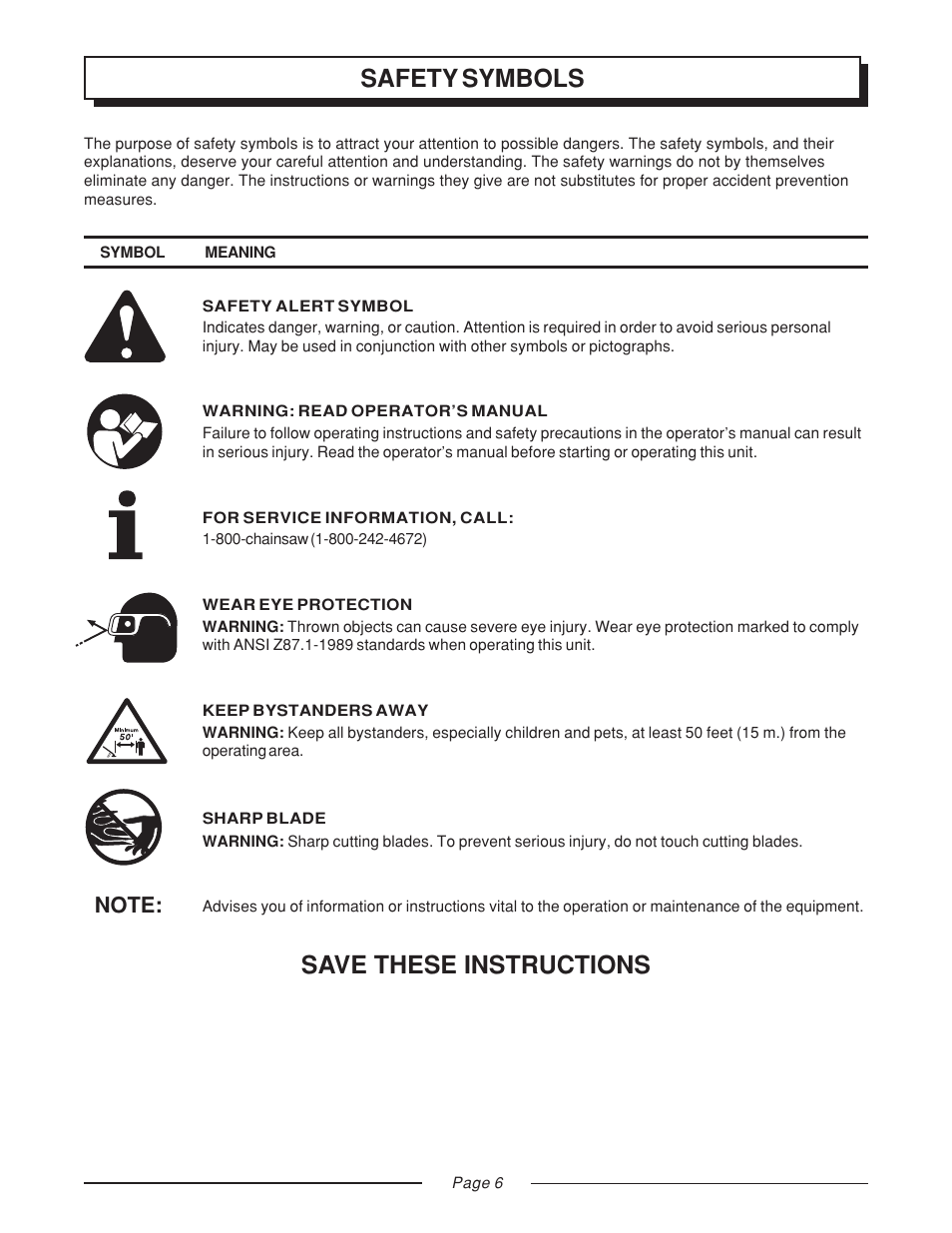 Safety symbols, Save these instructions | Homelite GS120V User Manual | Page 6 / 16