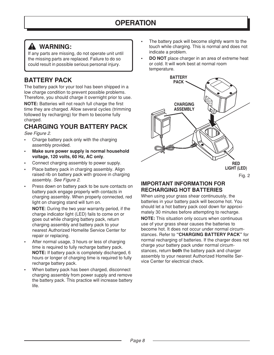 Operation, Battery pack, Charging your battery pack | Warning | Homelite GS120V User Manual | Page 8 / 16