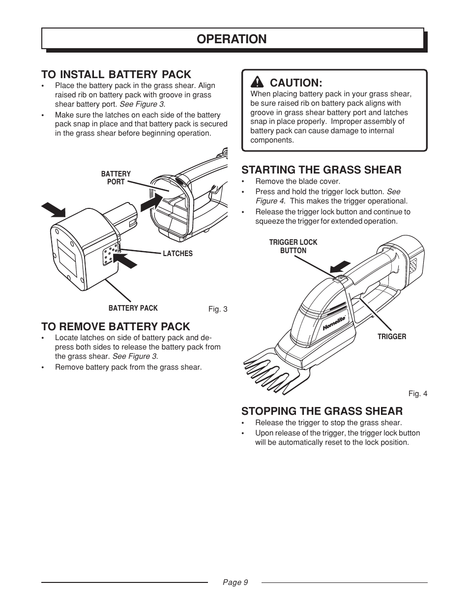 Operation, Caution, Starting the grass shear | Stopping the grass shear | Homelite GS120V User Manual | Page 9 / 16