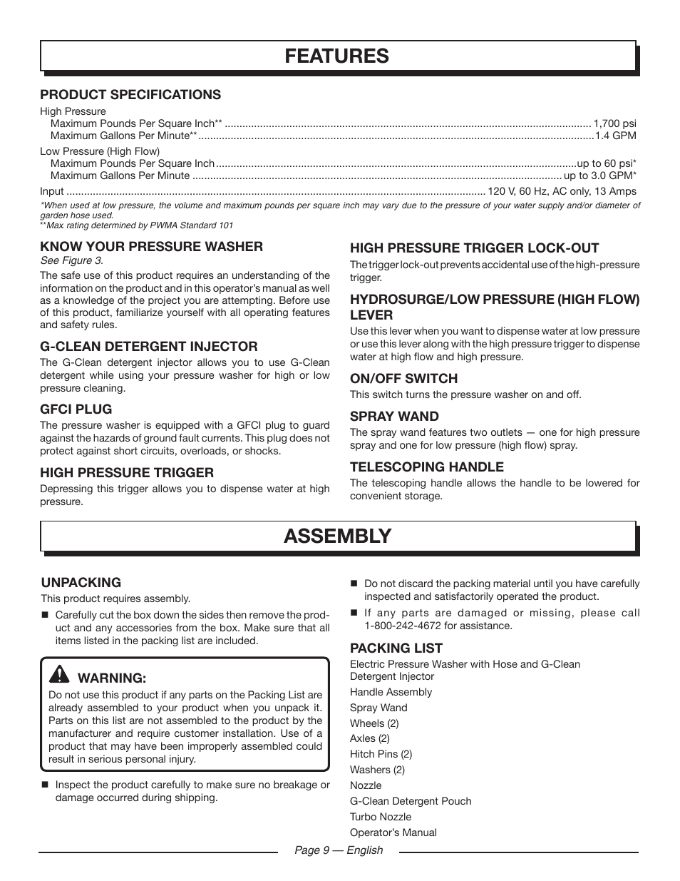 Features, Assembly | Homelite HL80220 User Manual | Page 13 / 48