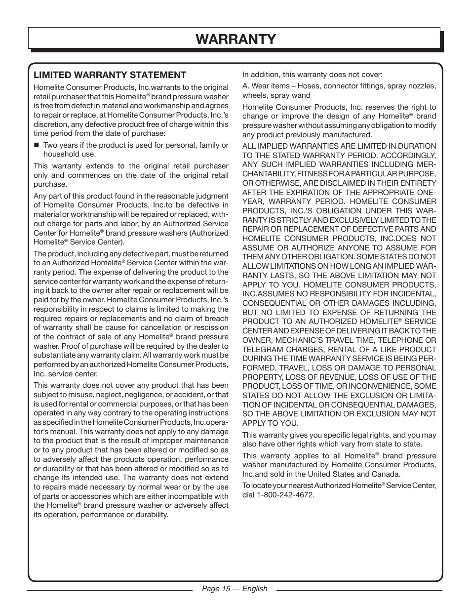 Warranty, Limited warranty statement | Homelite HL80220 User Manual | Page 19 / 48