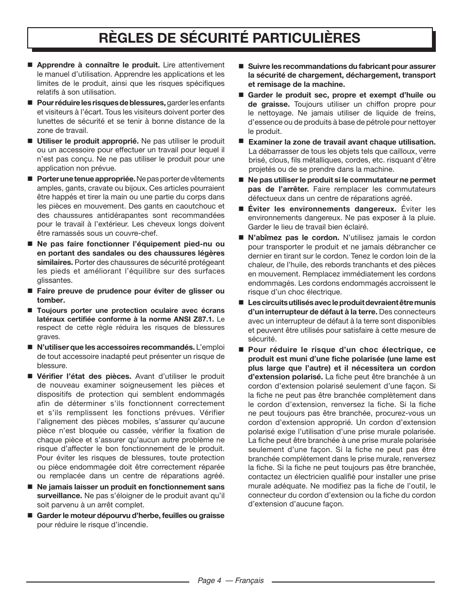 Règles de sécurité particulières | Homelite HL80220 User Manual | Page 22 / 48