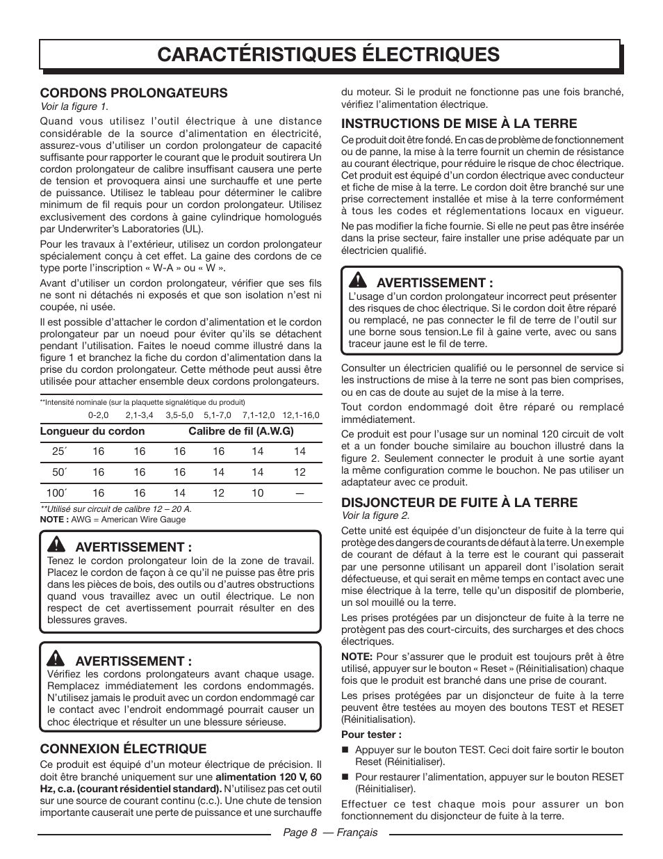 Caractéristiques électriques, Cordons prolongateurs, Avertissement | Connexion électrique, Instructions de mise à la terre, Disjoncteur de fuite à la terre | Homelite HL80220 User Manual | Page 26 / 48