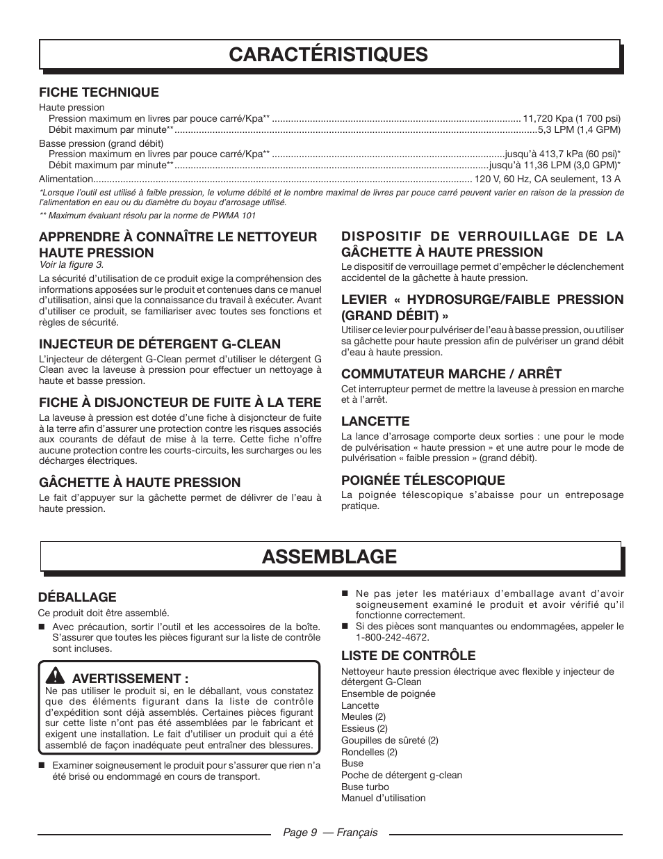 Caractéristiques, Assemblage | Homelite HL80220 User Manual | Page 27 / 48