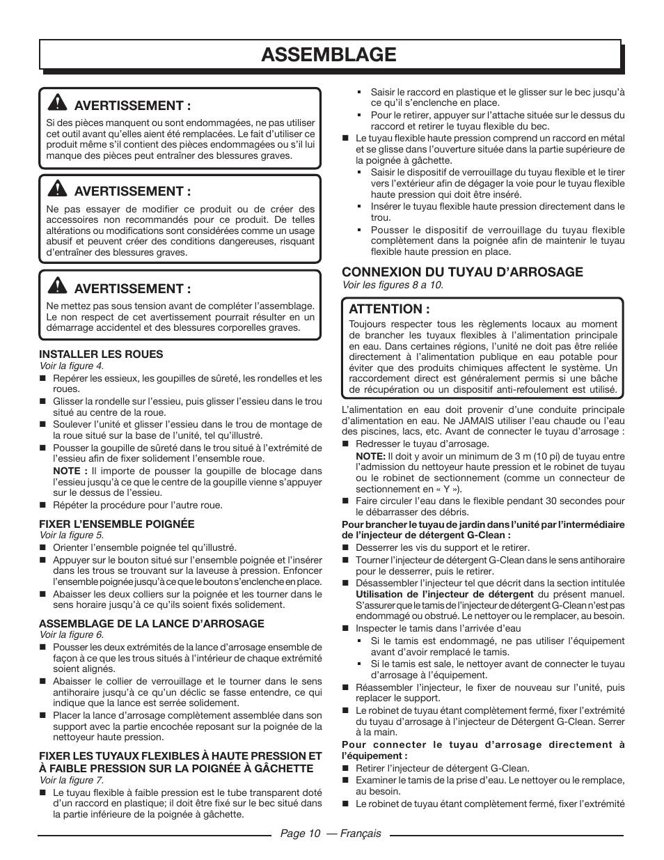 Assemblage, Connexion du tuyau d’arrosage, Attention | Avertissement | Homelite HL80220 User Manual | Page 28 / 48