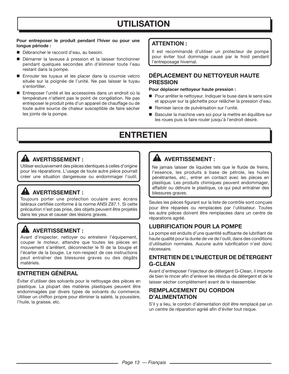 Utilisation, Entretien | Homelite HL80220 User Manual | Page 31 / 48