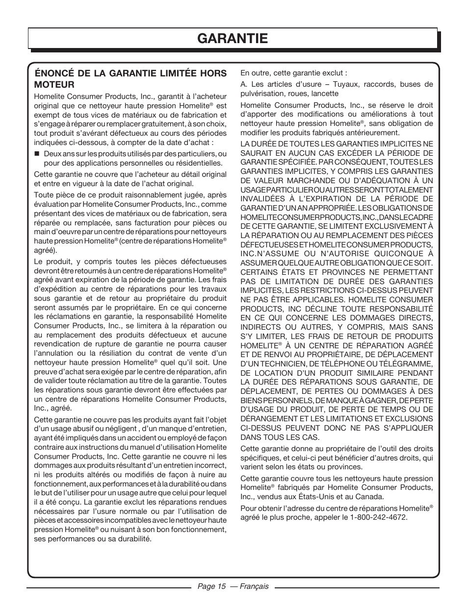 Garantie, Énoncé de la garantie limitée hors moteur | Homelite HL80220 User Manual | Page 33 / 48