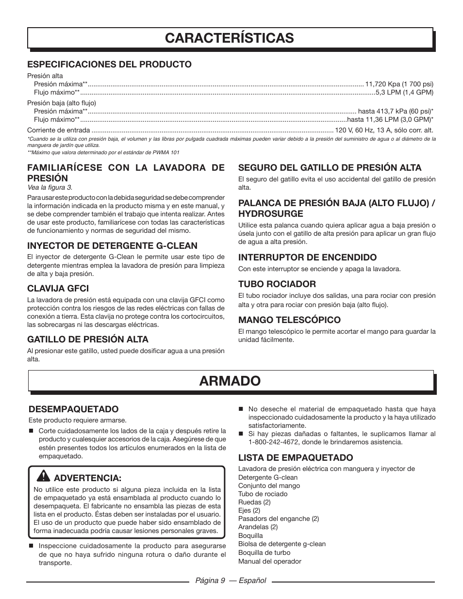 Características, Armado | Homelite HL80220 User Manual | Page 41 / 48