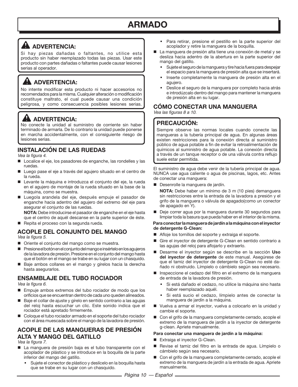 Armado, Advertencia, Instalación de las ruedas | Acople del conjunto del mango, Ensamblaje del tubo rociador, Cómo conectar una manguera, Precaución | Homelite HL80220 User Manual | Page 42 / 48