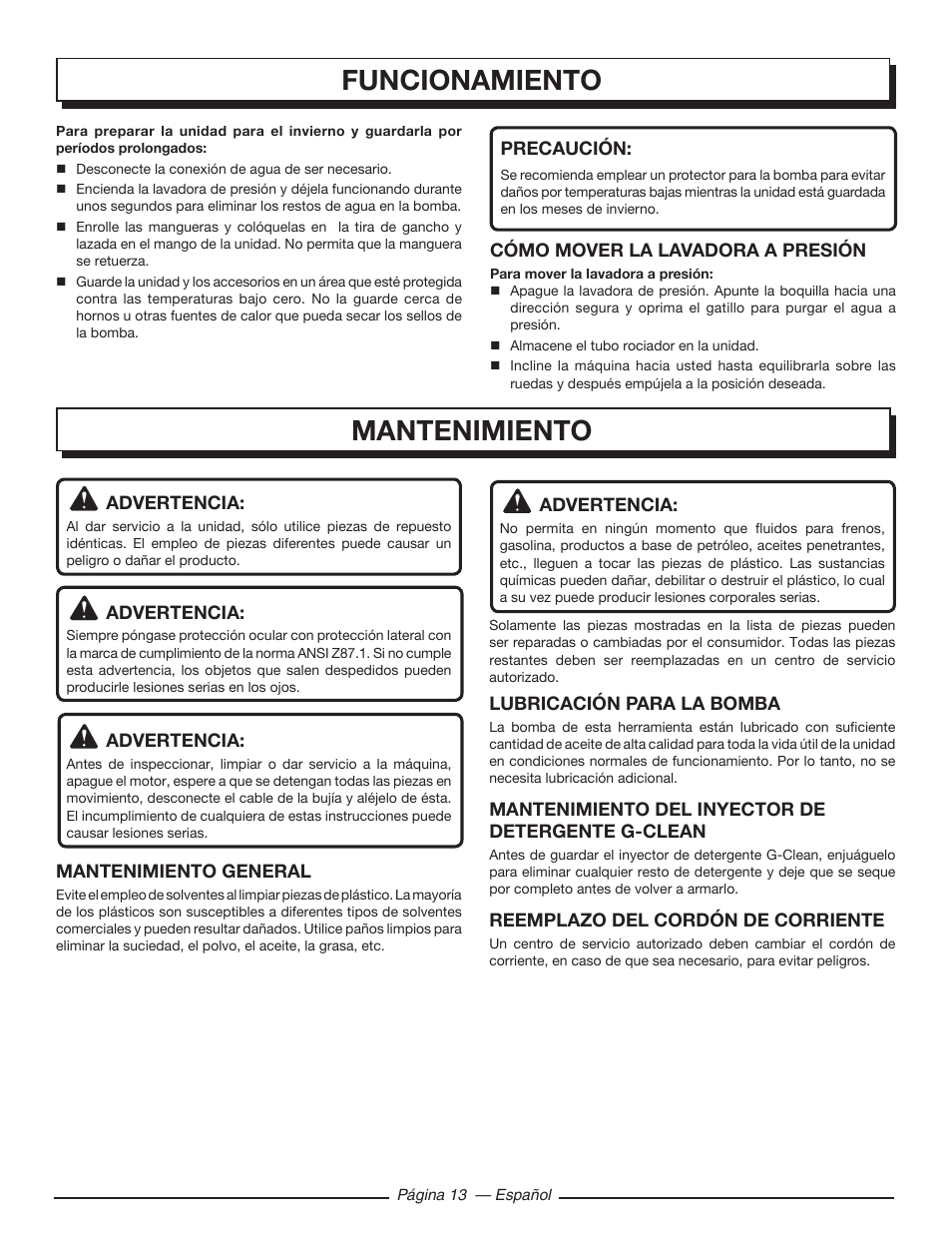 Mantenimiento, Funcionamiento | Homelite HL80220 User Manual | Page 45 / 48