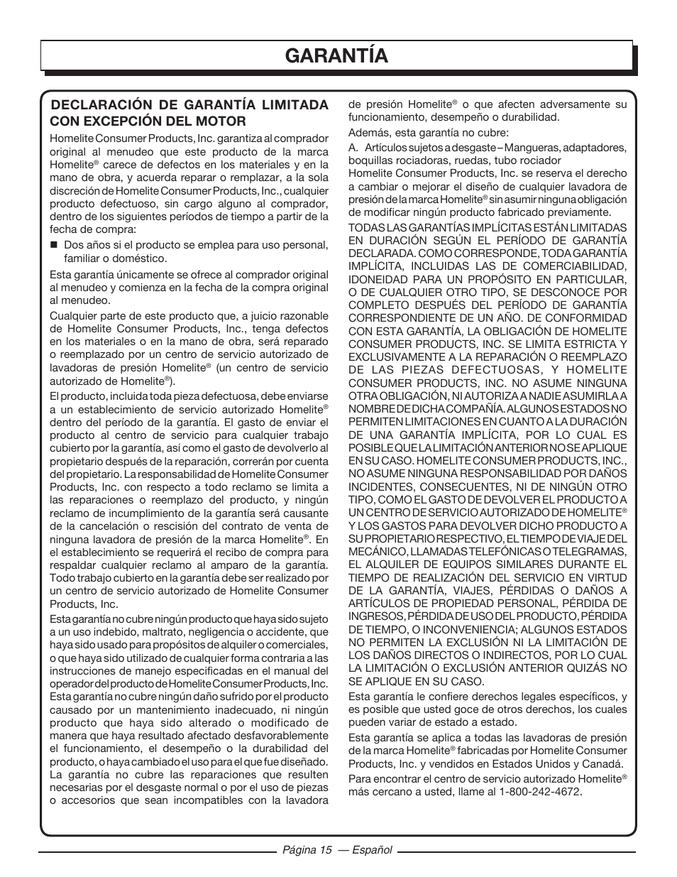 Garantía | Homelite HL80220 User Manual | Page 47 / 48