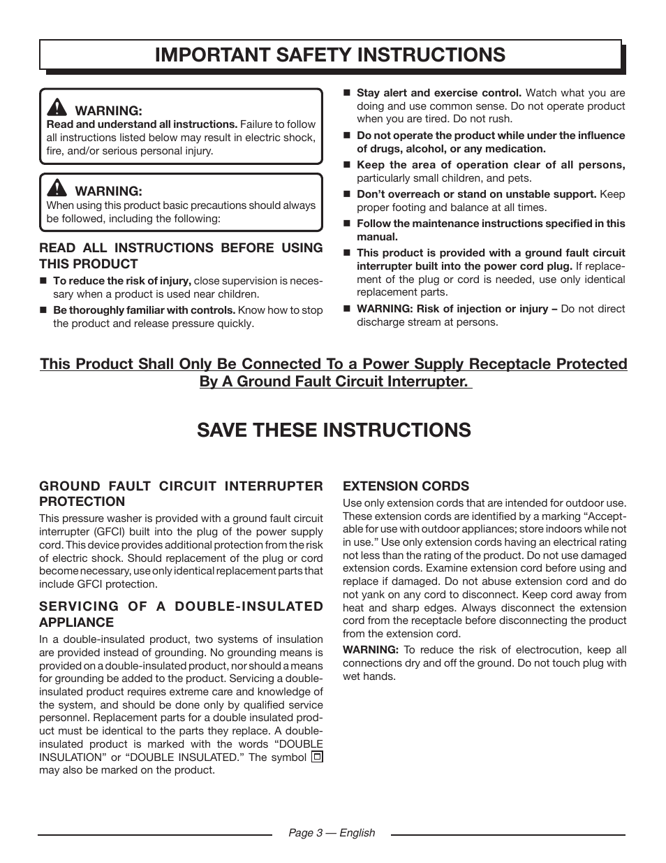 Save these instructions, Important safety instructions | Homelite HL80220 User Manual | Page 7 / 48