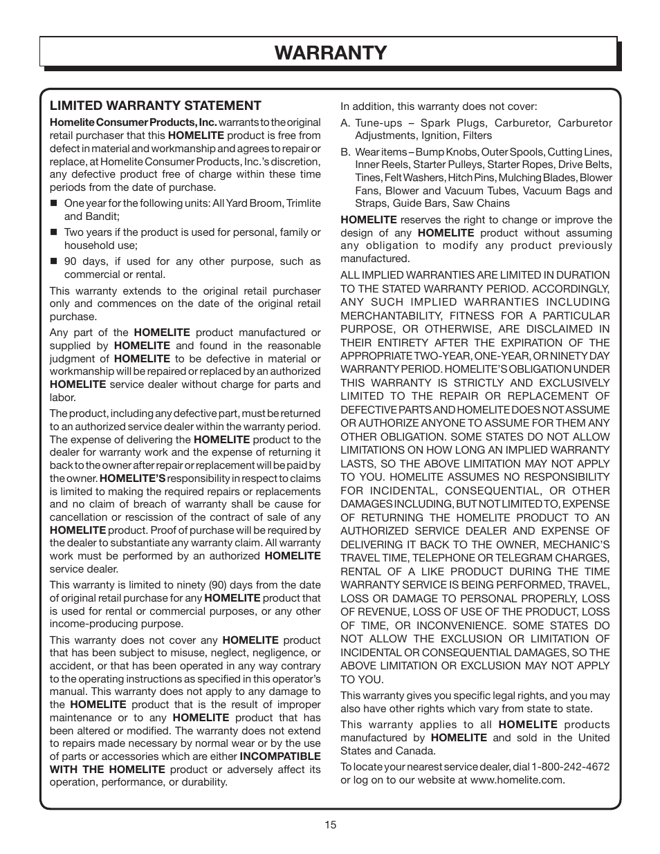 Warranty | Homelite YARD B UT08512A User Manual | Page 15 / 18