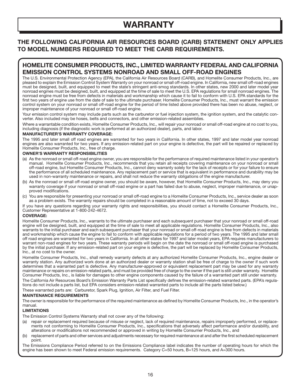 Warranty | Homelite YARD B UT08512A User Manual | Page 16 / 18