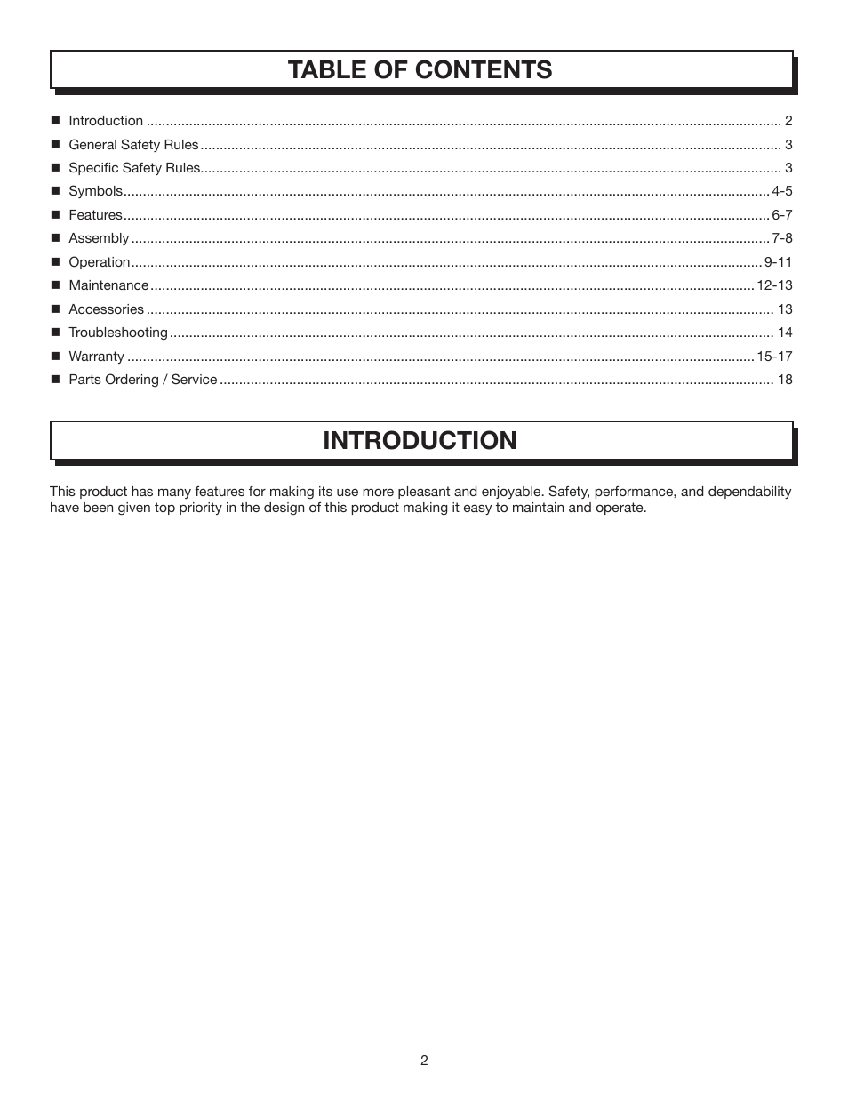 Table of contents introduction | Homelite YARD B UT08512A User Manual | Page 2 / 18