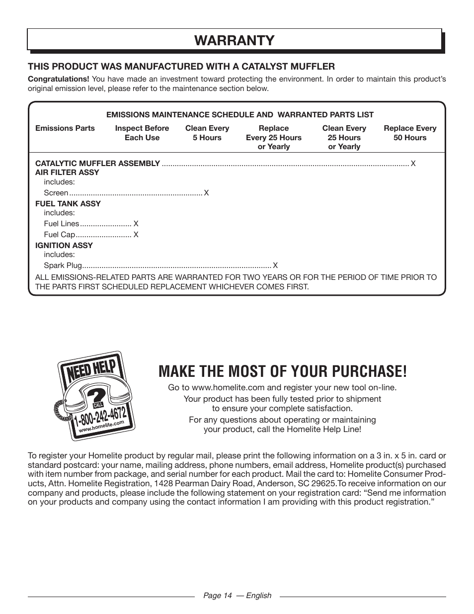 Make the most of your purchase, Warranty | Homelite UT32000 User Manual | Page 18 / 44