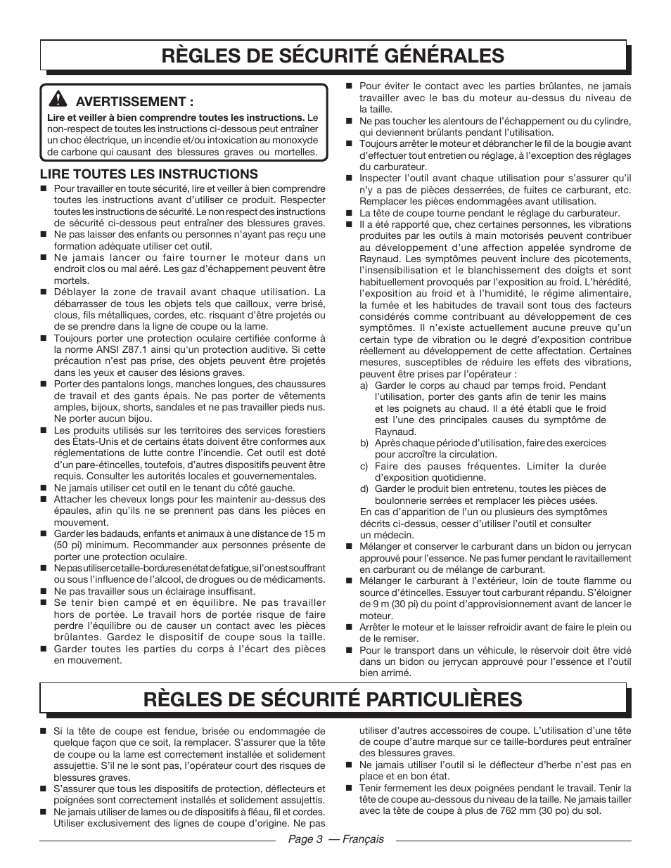 Règles de sécurité générales, Règles de sécurité particulières, Avertissement | Lire toutes les instructions | Homelite UT32000 User Manual | Page 19 / 44