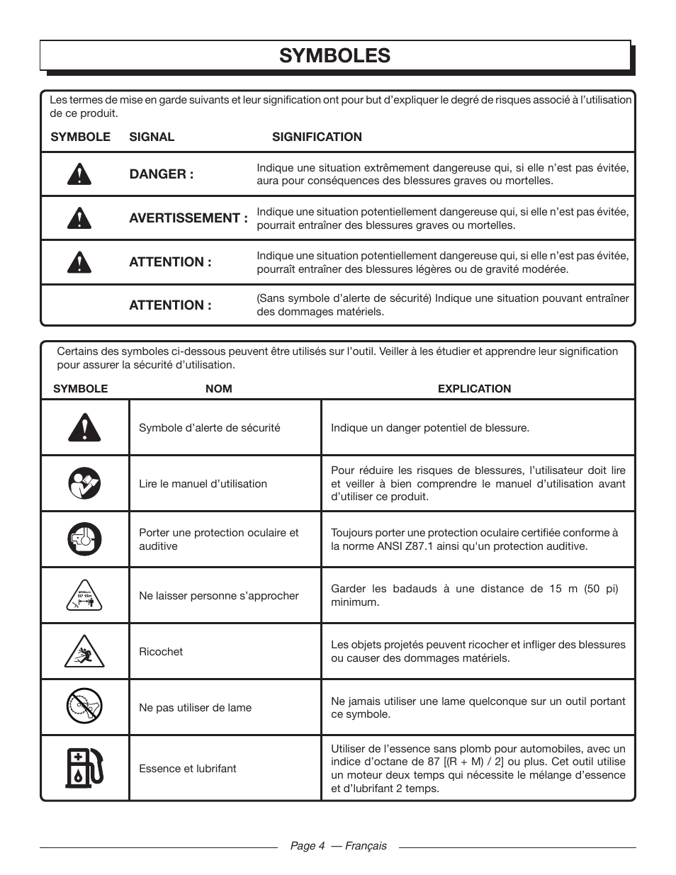 Symboles | Homelite UT32000 User Manual | Page 20 / 44