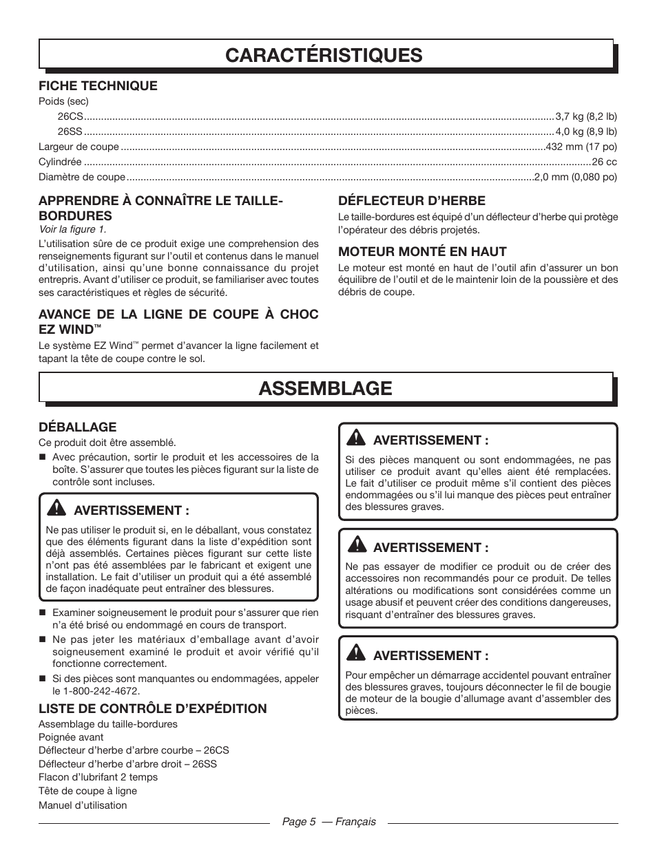 Assemblage, Caractéristiques | Homelite UT32000 User Manual | Page 21 / 44