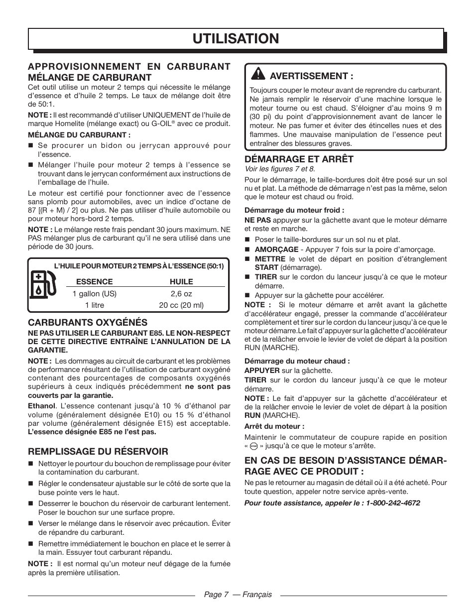 Utilisation, Avertissement, Démarrage et arrêt | Carburants oxygénés, Remplissage du réservoir | Homelite UT32000 User Manual | Page 23 / 44