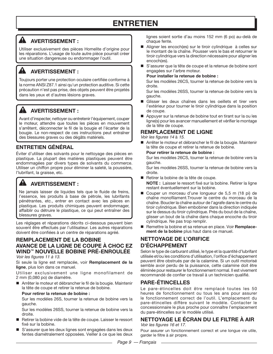 Entretien, Avertissement, Entretien général | Nouvelle bobine pré-enroulée, Remplacement de ligne, Nettoyage de l’orifice d’échappement, Pare-étincelles, Nettoyage le écran du le filtre à air | Homelite UT32000 User Manual | Page 25 / 44