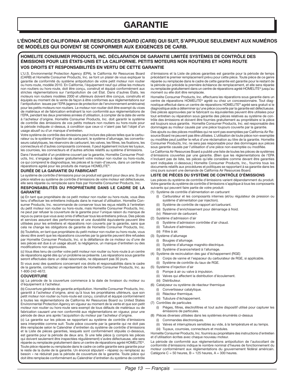 Garantie, Page 13 — français | Homelite UT32000 User Manual | Page 29 / 44