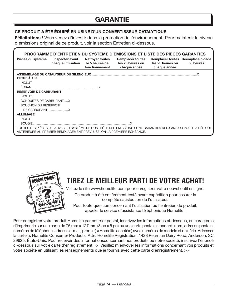 Tirez le meilleur parti de votre achat, Garantie, Besoin d’aid e | Homelite UT32000 User Manual | Page 30 / 44