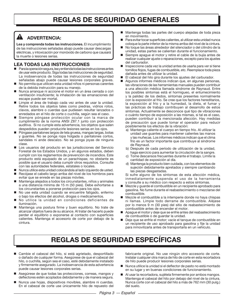 Reglas de seguridad generales, Reglas de seguridad específicas, Advertencia | Lea todas las instrucciones | Homelite UT32000 User Manual | Page 31 / 44