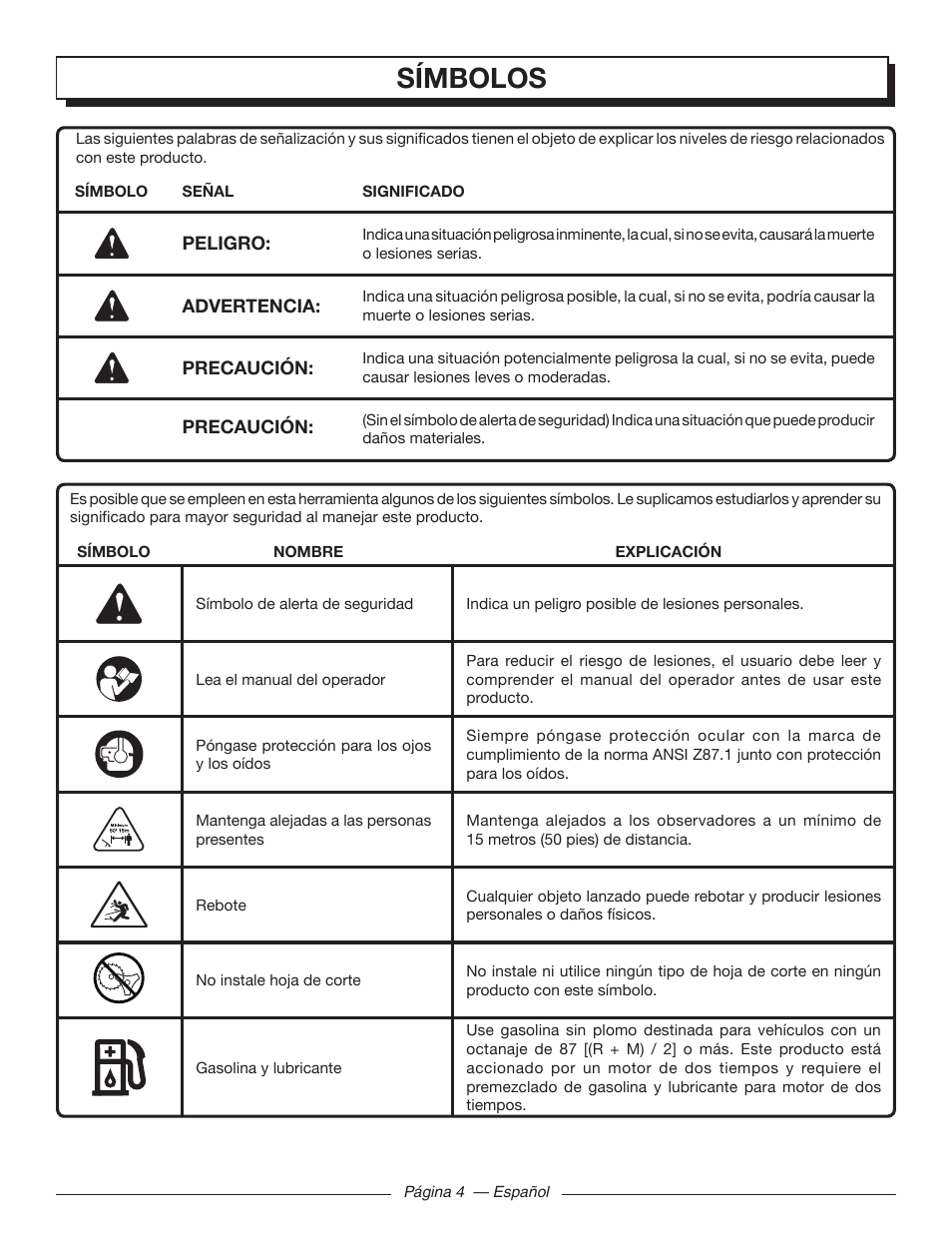 Símbolos | Homelite UT32000 User Manual | Page 32 / 44