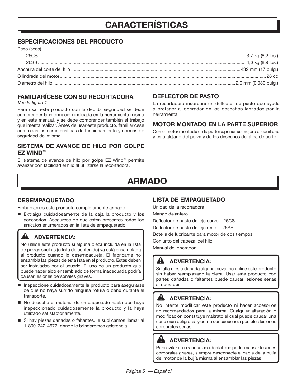 Características, Armado | Homelite UT32000 User Manual | Page 33 / 44