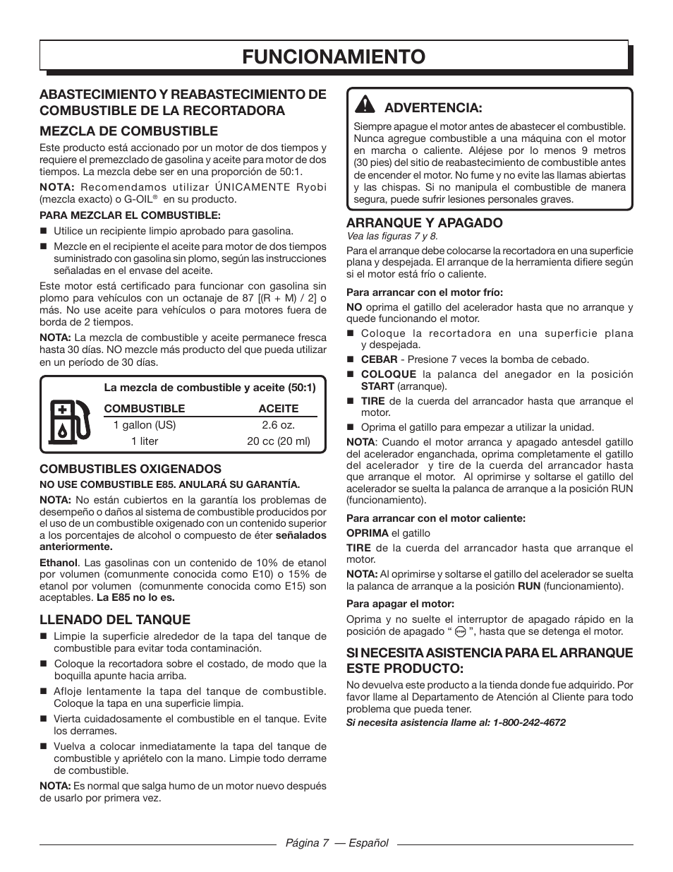 Funcionamiento, Advertencia, Arranque y apagado | Llenado del tanque | Homelite UT32000 User Manual | Page 35 / 44