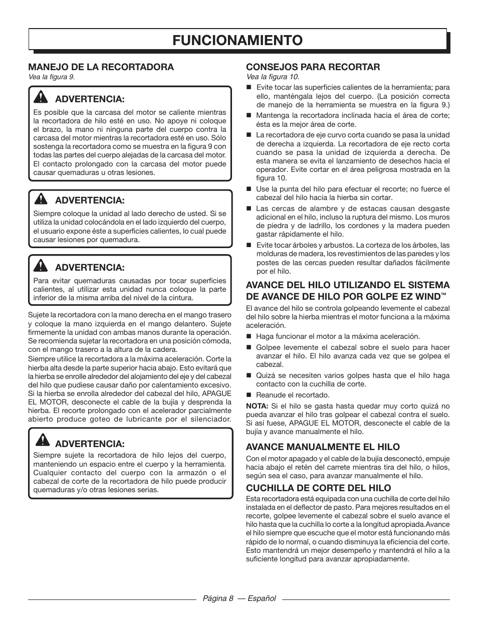Funcionamiento, Manejo de la recortadora, Advertencia | Consejos para recortar, Avance manualmente el hilo, Cuchilla de corte del hilo | Homelite UT32000 User Manual | Page 36 / 44