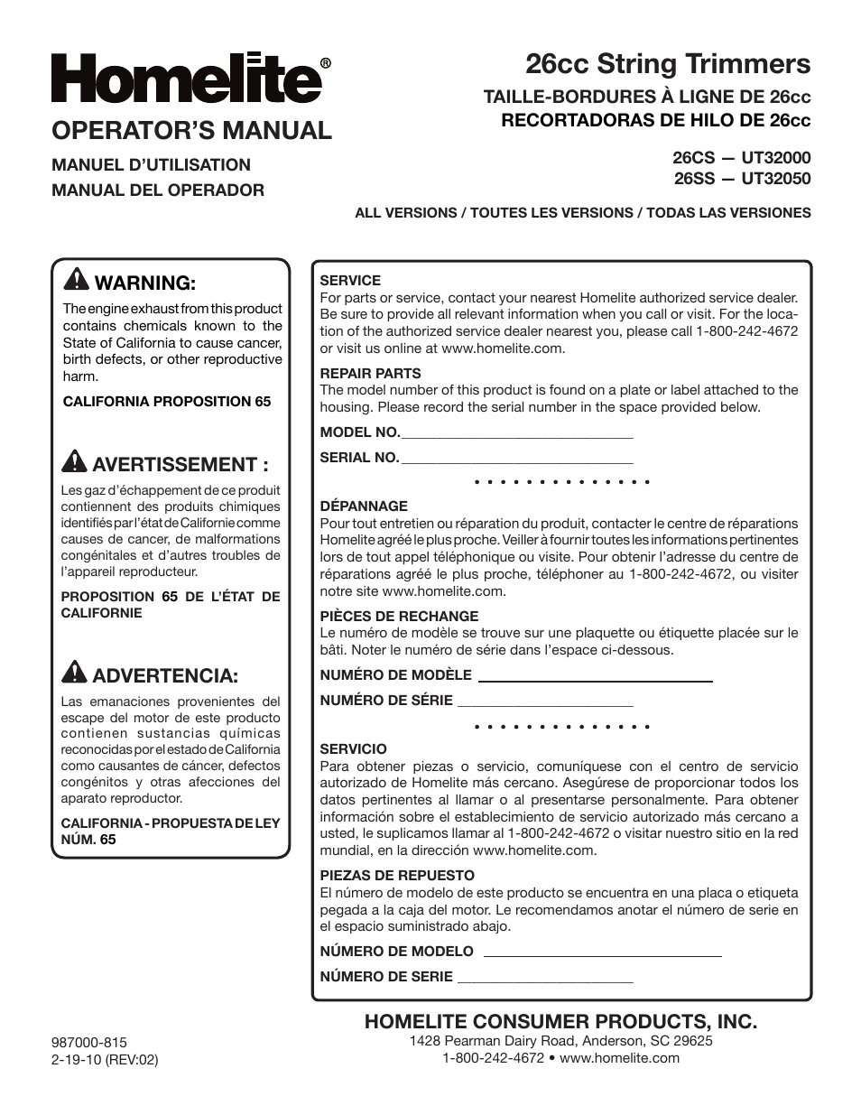 26cc string trimmers, Operator’s manual, Homelite consumer products, inc | Warning, Avertissement, Advertencia | Homelite UT32000 User Manual | Page 44 / 44