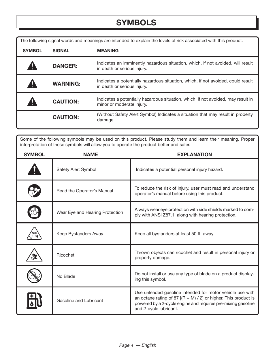 Symbols | Homelite UT32000 User Manual | Page 8 / 44