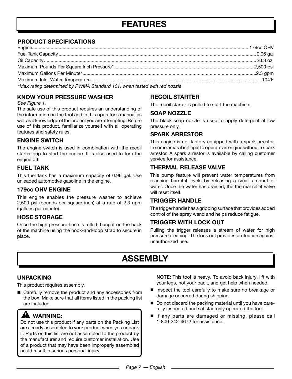 Features, Assembly | Homelite HL252300 User Manual | Page 13 / 54