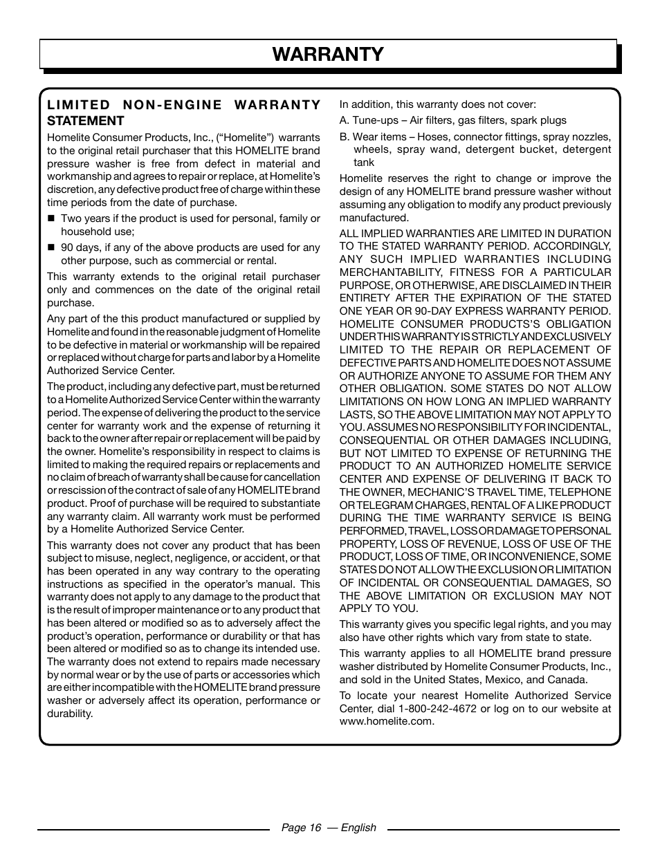 Warranty | Homelite HL252300 User Manual | Page 22 / 54