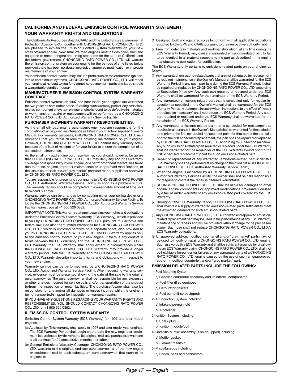 Page 17 — english | Homelite HL252300 User Manual | Page 23 / 54