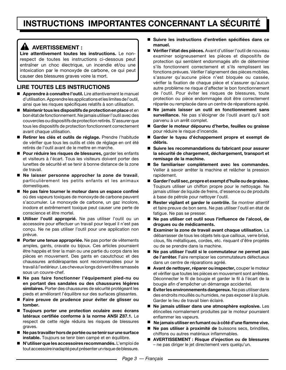 Instructions importantes concernant la sécurité, Avertissement, Lire toutes les instructions | Homelite HL252300 User Manual | Page 24 / 54